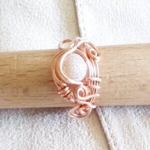 Honey + Tan Frosted Dragonvein Agate + Copper Wire Wrap Ring - Generous Size 9